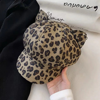 Retro Style Cat Ears Cap Leopard Print Octagonal Shape Cat