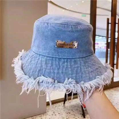 Fashion Tassel Washed Denim Bucket Hats Spring Summer Wide Brim Panama Cap Women