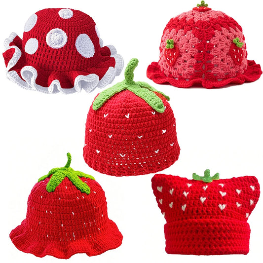 Cartoon Red Strawberry-Shaped Bucket Hat, Bohemian Style Handmade Crochet
