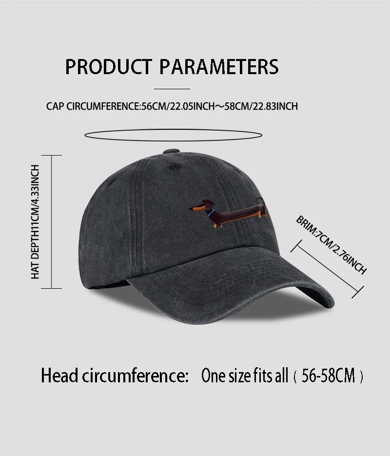 Dachshund Print Washed Baseball Cap Adorable Retro Dog Themed Style Perfect For Outdoor Walks