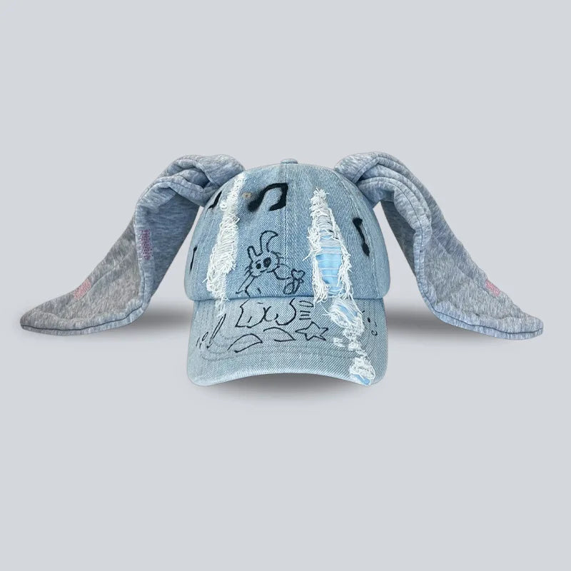 Niche Y2k Rabbit Ears Denim Ripped Baseball Cap Men and Women