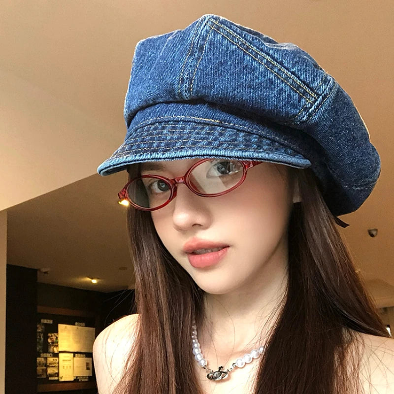 Japanese Retro Denim Cloud Berets Cap For Women Spring And Summer