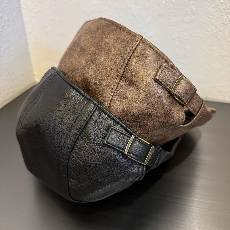 American Retro Leather Plain Baker Boy Hat For Women Autumn Winter Unisex Beret