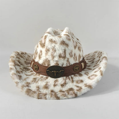 Leopard Print Rabbit Fur Cowboy Hat 7.5cm Western Cowboy Fedora