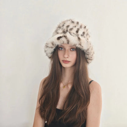 Women's Faux Fur Bucket Hat Leopard Print Soft Warm For Autumn Winter