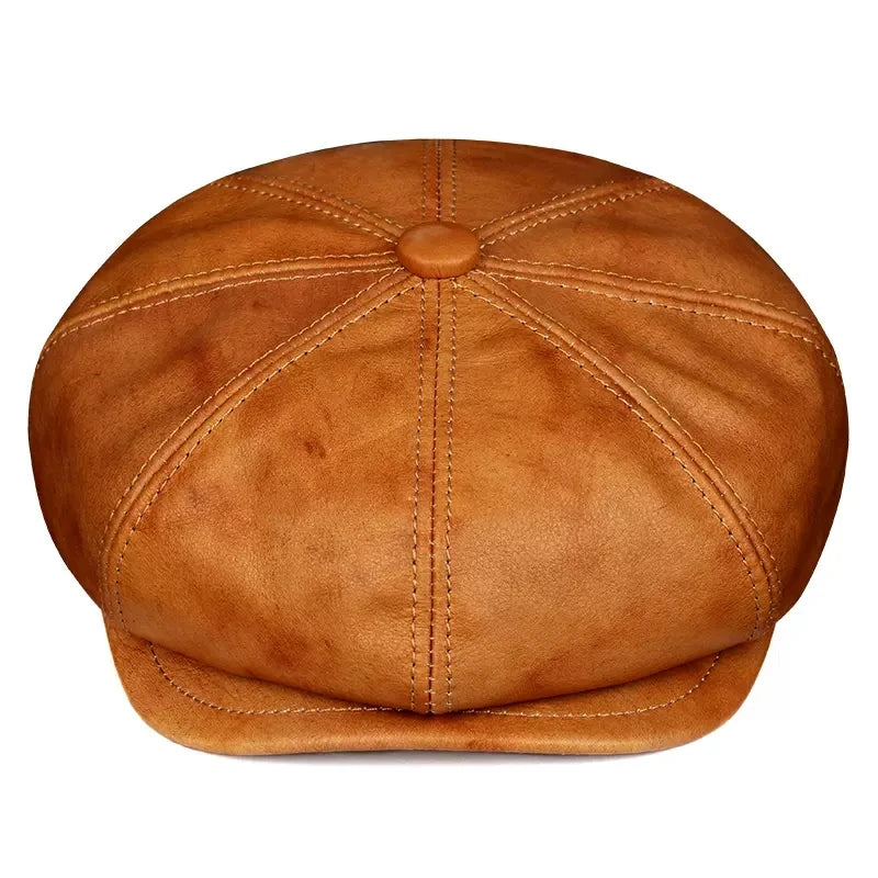 Leather Hat Beret Men Autumn British Retro Cowhide Octagonal Hat