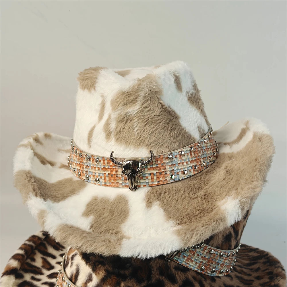 Leopard Print Rabbit Fur Western Cowboy Fedora Hat