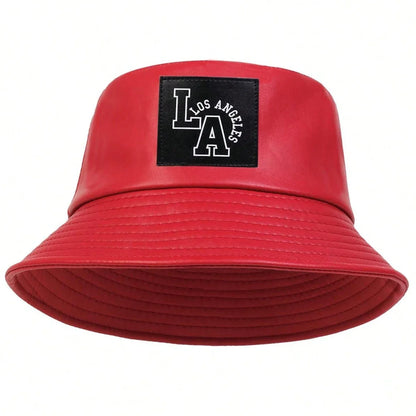 Unisex LA Letter Label Personality Pu Leather Bucket Hats Fishermen Caps