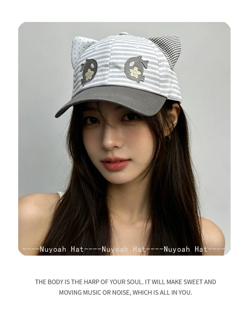 Korean Style Women Cartoon Cat Bear Ears Baseball Cap Plaid Sunshade Wing Versatile Penguin Peaked Cap