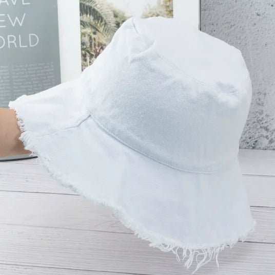 Women's Frayed Edge Bucket Hat Cotton Black Fisherman Cap