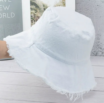 Women's Frayed Edge Bucket Hat Cotton Black Fisherman Cap