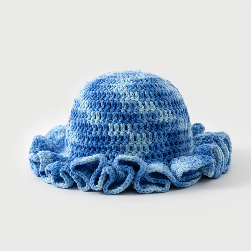 New Colorful Crochet Ruffle Brim Knit Bucket Hats