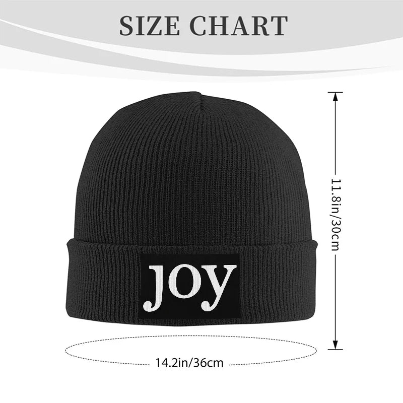 Joy Letter Patch Black Knitted Beanie Unisex Cuffed Winter Hat