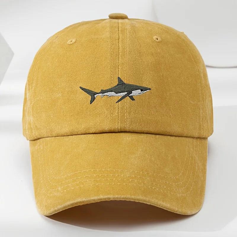 Trendy Retro Washed Vintage Shark Print Soft Top Sunshade Baseball Cap