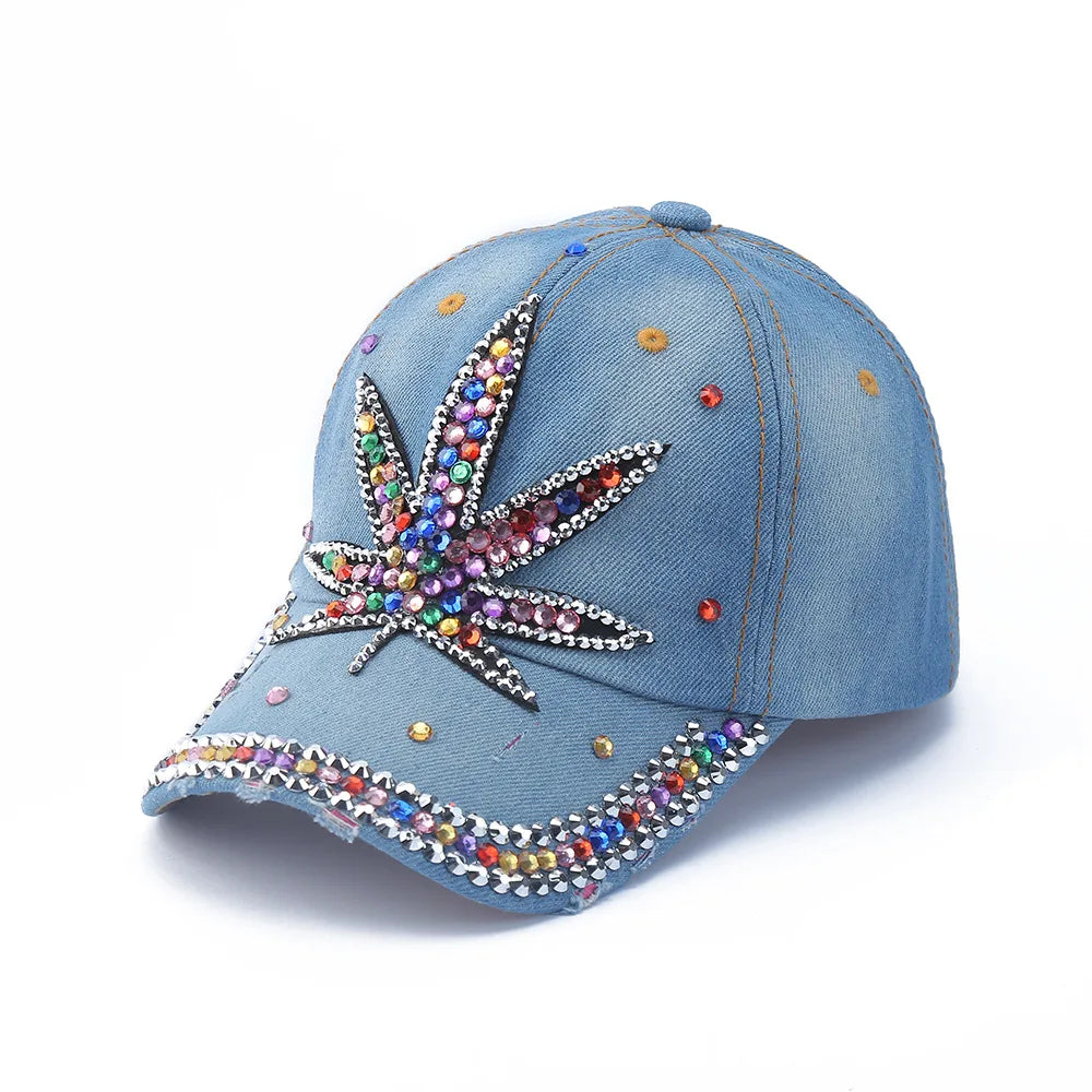 Baseball Cap Denim Distressed Rhinestone Bling Sparkle Hip Hop Hat