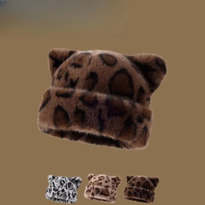 Leopard Print Plush Teddy Bear Hat For Women