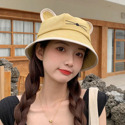 Korean Cartoon Cat Ears Women Bucket Hat Spring Summer