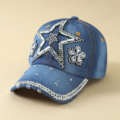Denim Fashion Cap, Point Diamond Star Baseball Cap