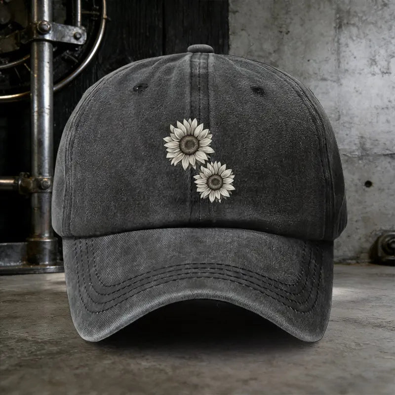 Sunflower Print Washed Baseball Cap Distressed Cotton Vintage