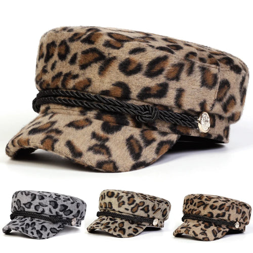 Unisex Plush Leopard Print Navy Cap Autumn Winter Sailor Hats