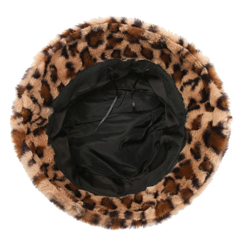 Women's Winter Fuzzy Bucket Hats Leopard Pattern Hats