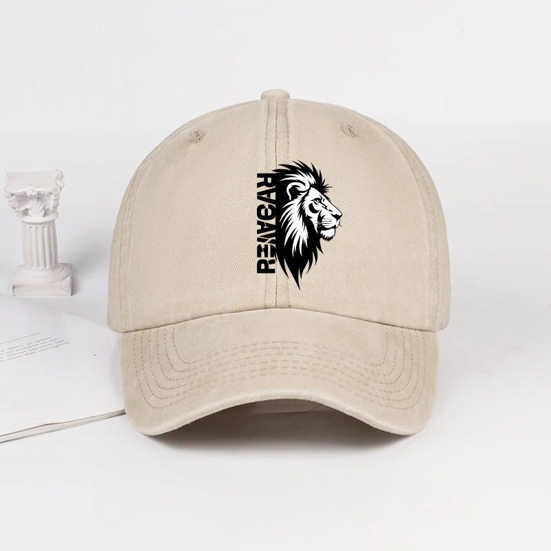 Lion Head RAWR Slogan Printed Washed Baseball Cap Soft Comfortable Lightweight Breathable Adjustable Bold Retro Powerful