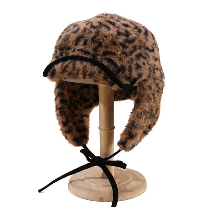 Winter Hats Woman Leopard Print Faux Fur Earflap Hat