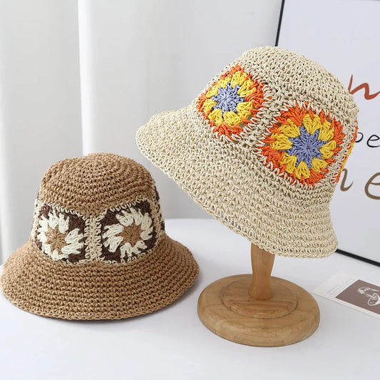 New Foldable Straw Crochet Flower Hat Women's