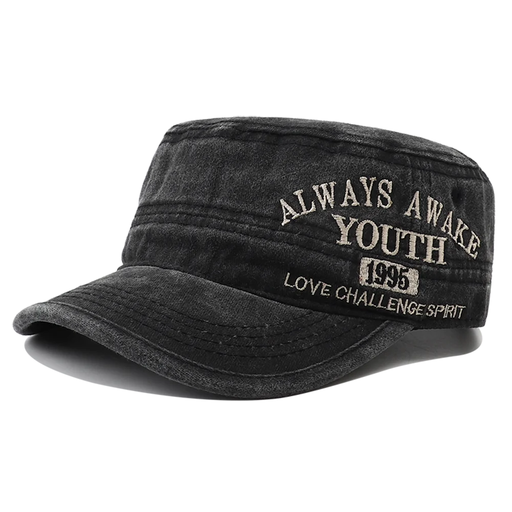 2024 New Letter Embroidery Washed Cotton Flat Top Military Cap