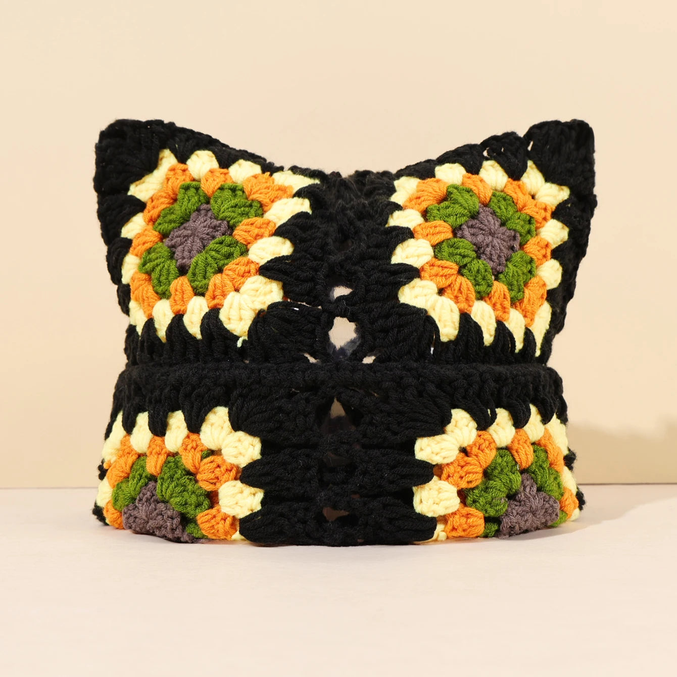 Niche Cute Cat Ear Color Matching Hand-Crocheted Beanie Hat