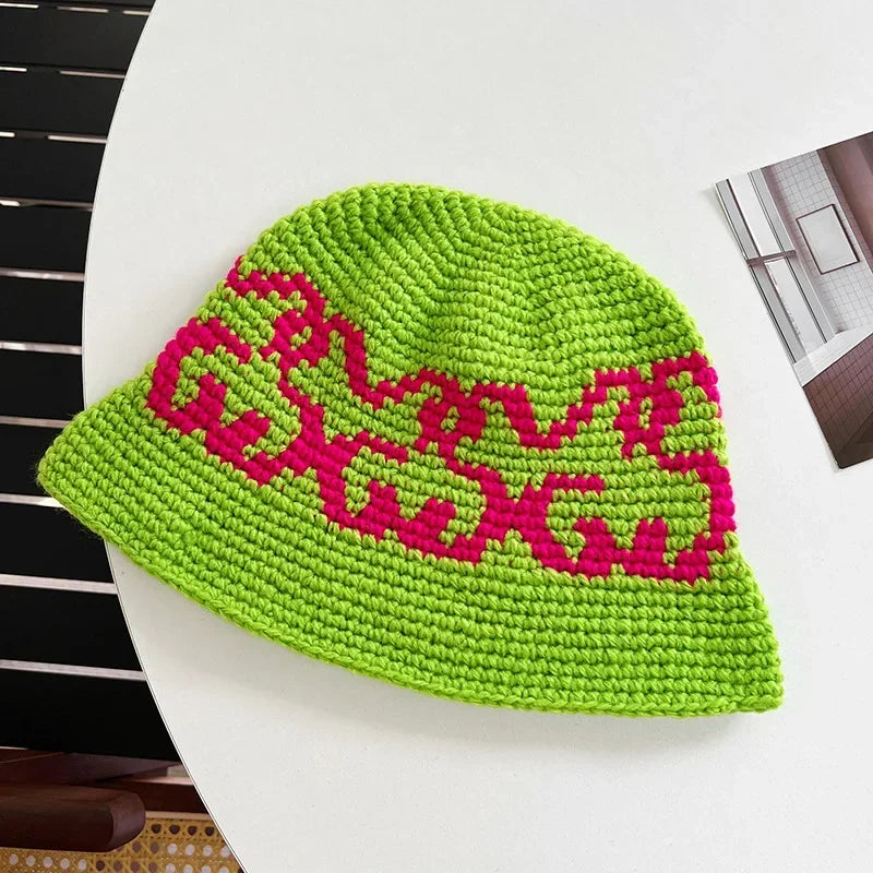 Korean Autumn Winter Retro Crochet Knitted Wool Bucket Hat Women