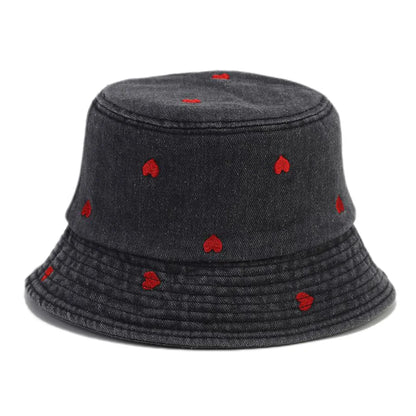 Spring Summer Strawberry Embroidery Denim  Bucket Hat