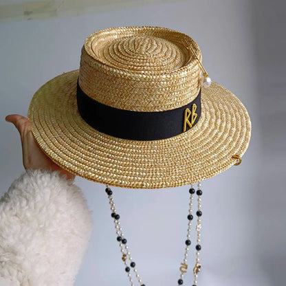 Chain Summer Straw Hat Pork Pie Hat
