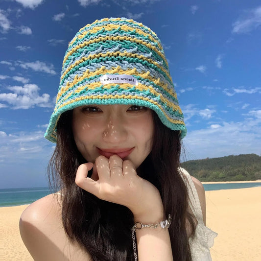 Ladies' Bucket Hat Korean Knitted Striped Verstaile Hollow