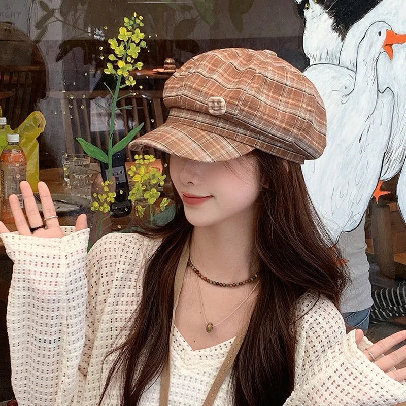Women College Style Plaid Beret Korean Versatile Face Small Bud Painter Hat