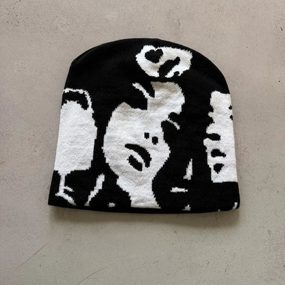 Face Pattern Intarsia Beanie Hats, Winter Casual Windproof Elastic Skull Cap
