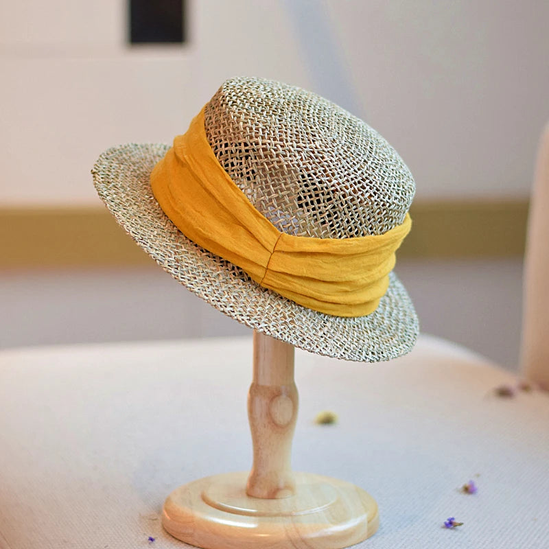 French British Retro Seaweed Woven Hollow Straw Top Hat