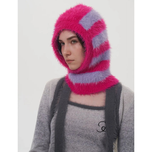 One-Piece Knit Balaclavas Stripes Imitation Mink Velvet Hats Scarf Hat