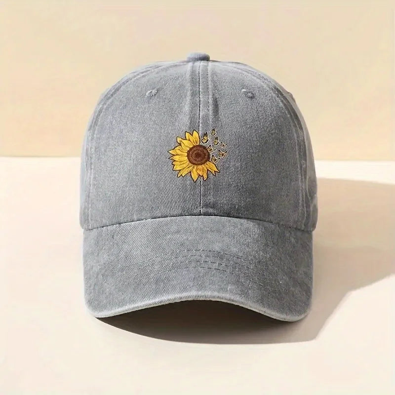 Sunflower Printed Baseball Cap with Retro Washed  for Both Men and Women