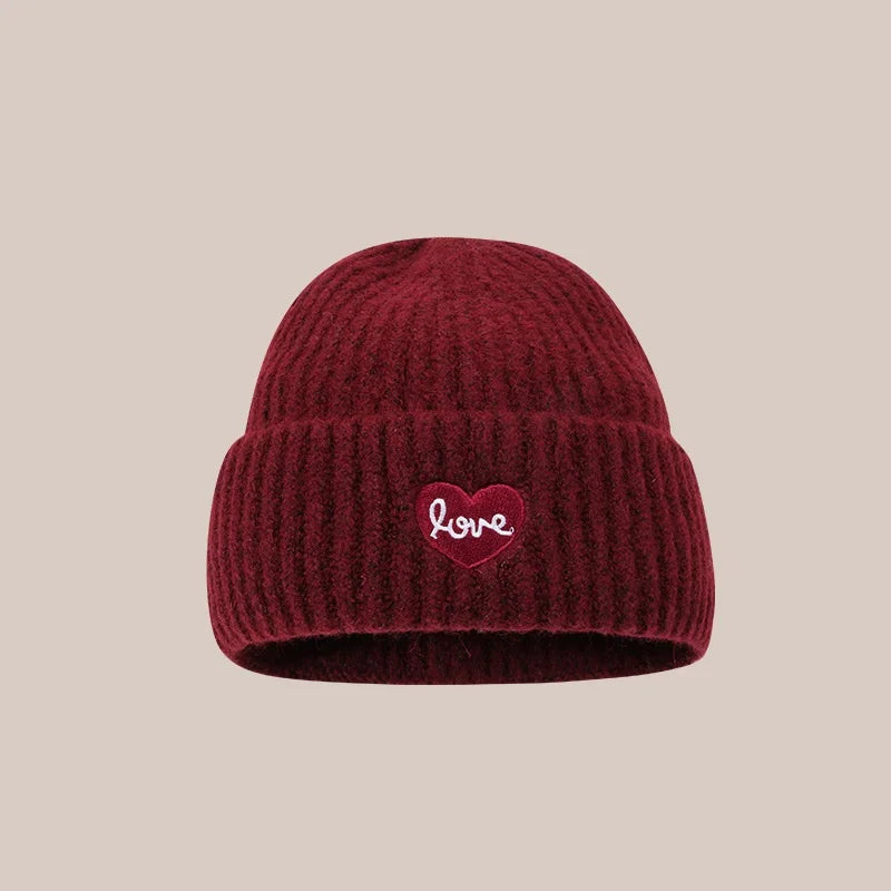 Love Heart Embroidered Woolen Hat Warm Ear-Protecting Cold Hat