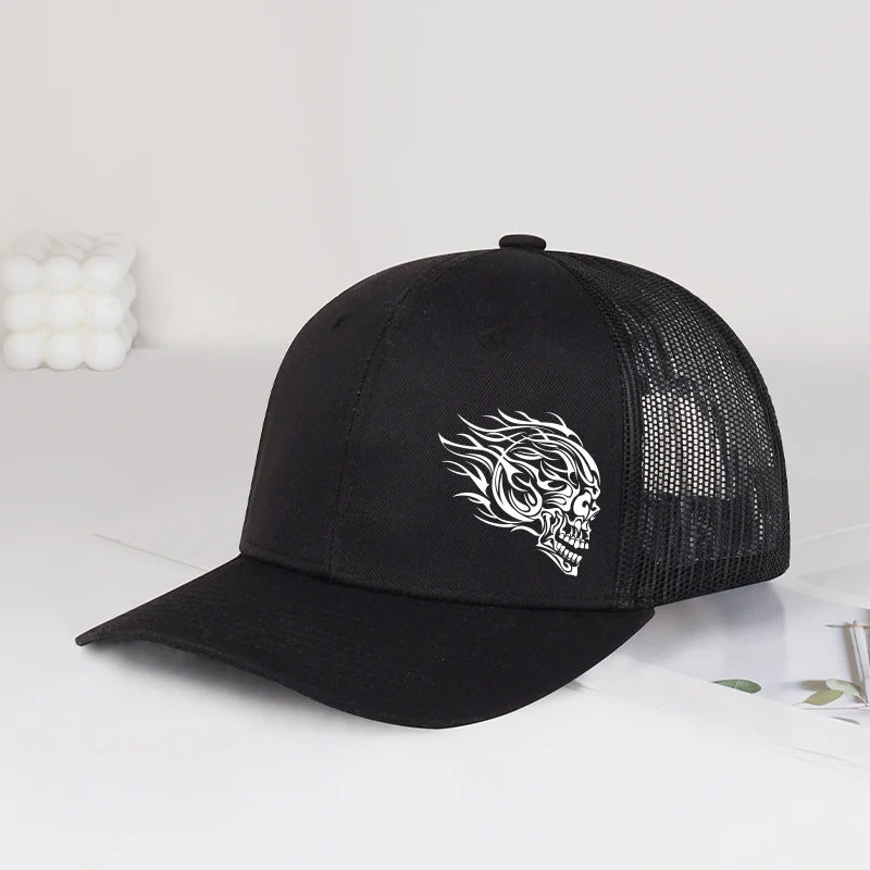 Flame Skull Print Trucker Cap Breathable Mesh Adjustable Cool & Bold Rocker Style Fashion Unisex Outdoor