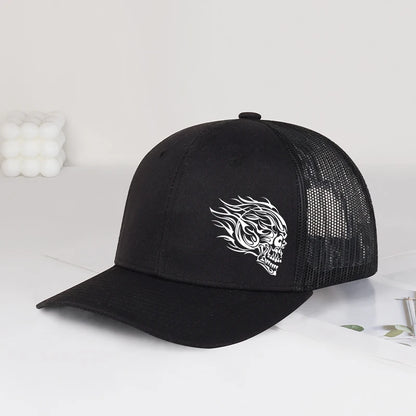 Flame Skull Print Trucker Cap Breathable Mesh Adjustable Cool & Bold Rocker Style Fashion Unisex Outdoor
