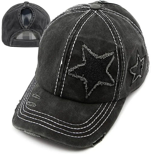 Retro Y2K Star Washed Denim Hole star Baseball cap Hats