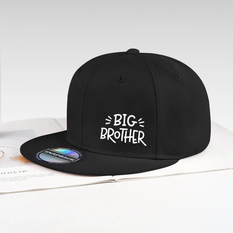 BIG BROTHER Black Flat Brim Cap With Letter Print Adjustable Hard Top Hip Hop Street Cap Outdoor Sports