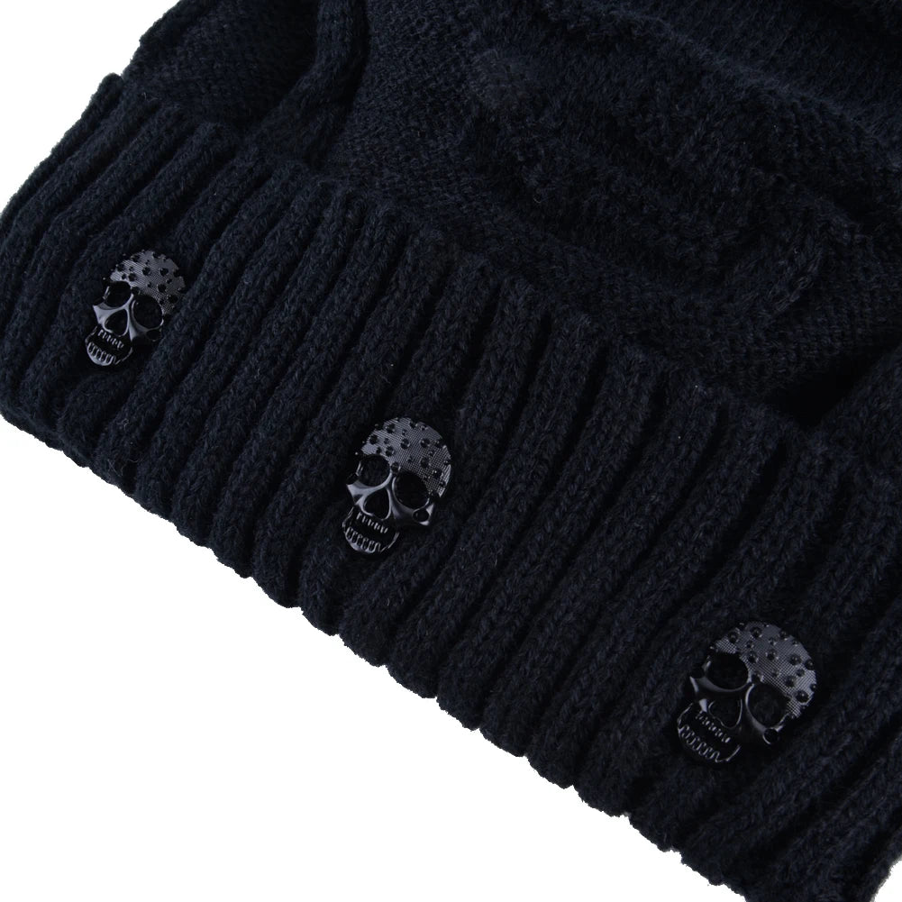Winter Beanies Men Knitted Skull Pattern Solid Color Hat With Metal Skulls