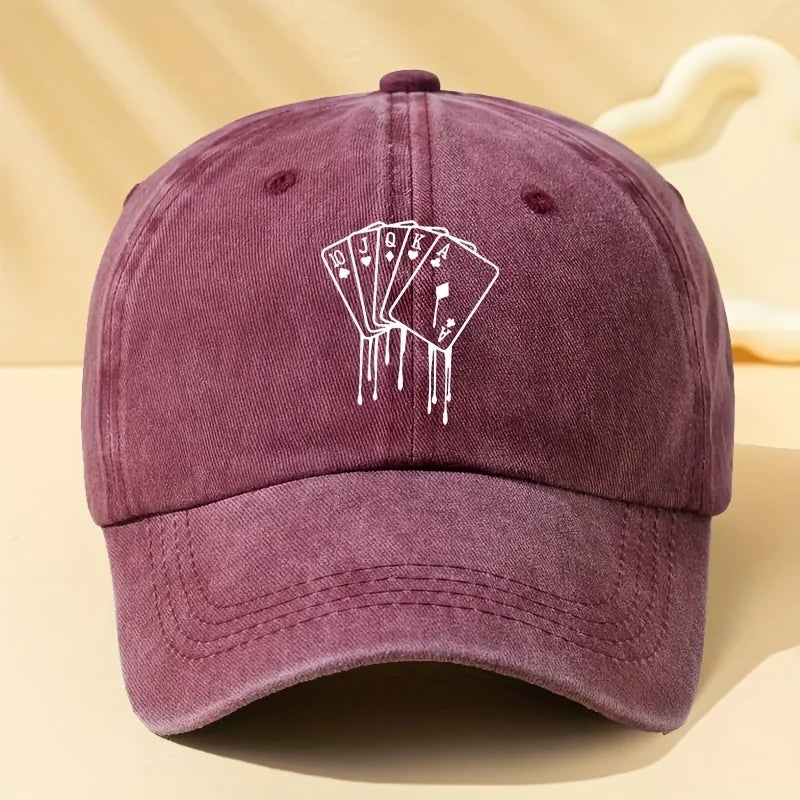 Poker Card Printed Washed Baseball Cap for Vacation, Travel, Camping and Leisure