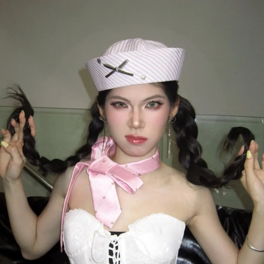 Y2K Niche Stripe Bow Sailor Hat