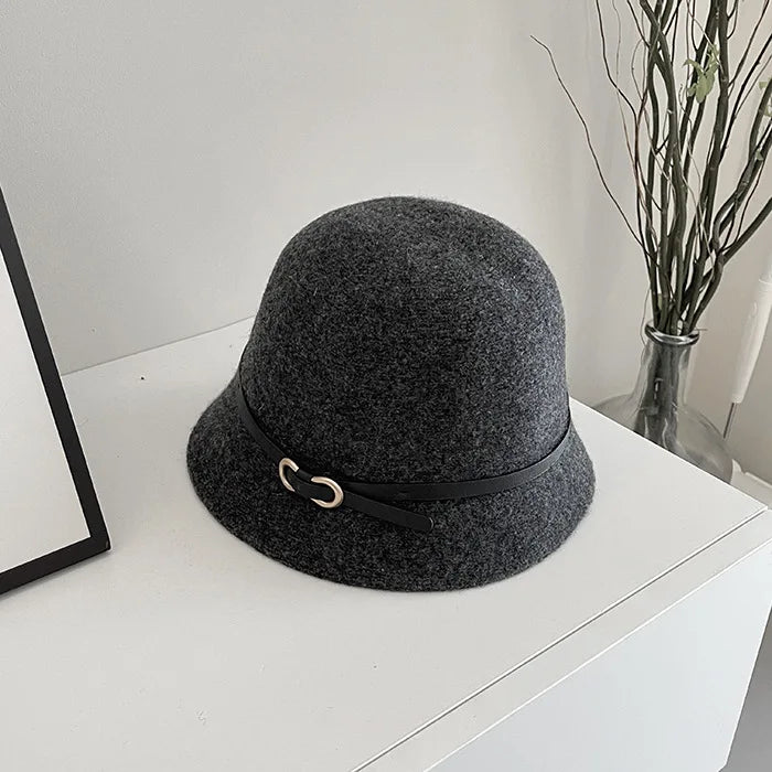 New Fashion Unisex Solid Color Wool Winter Hat With Belt Autumn Bucket Wool
