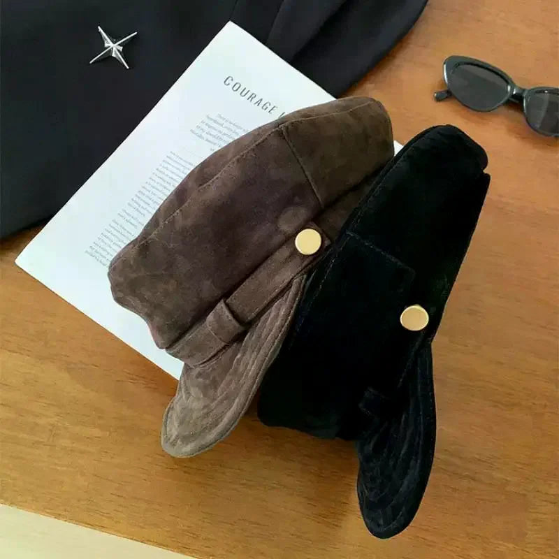 Retro Suede Beret Hat For Women Flat Top Newsboy Cap