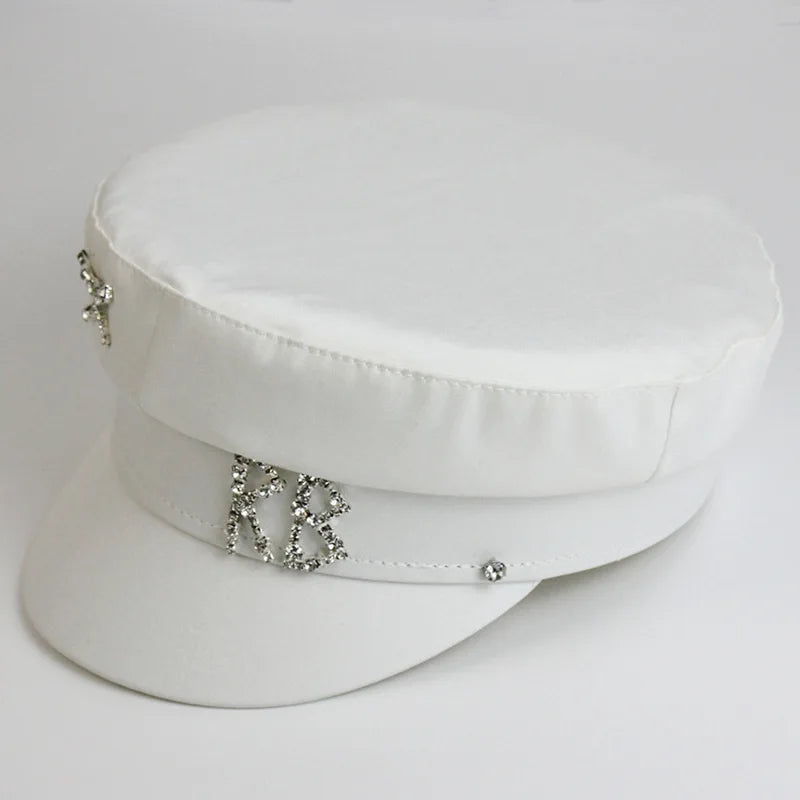 2025 Trendy Satin Letter RB Military Hats Crystal Flat Top Baker Boy Hat Visor